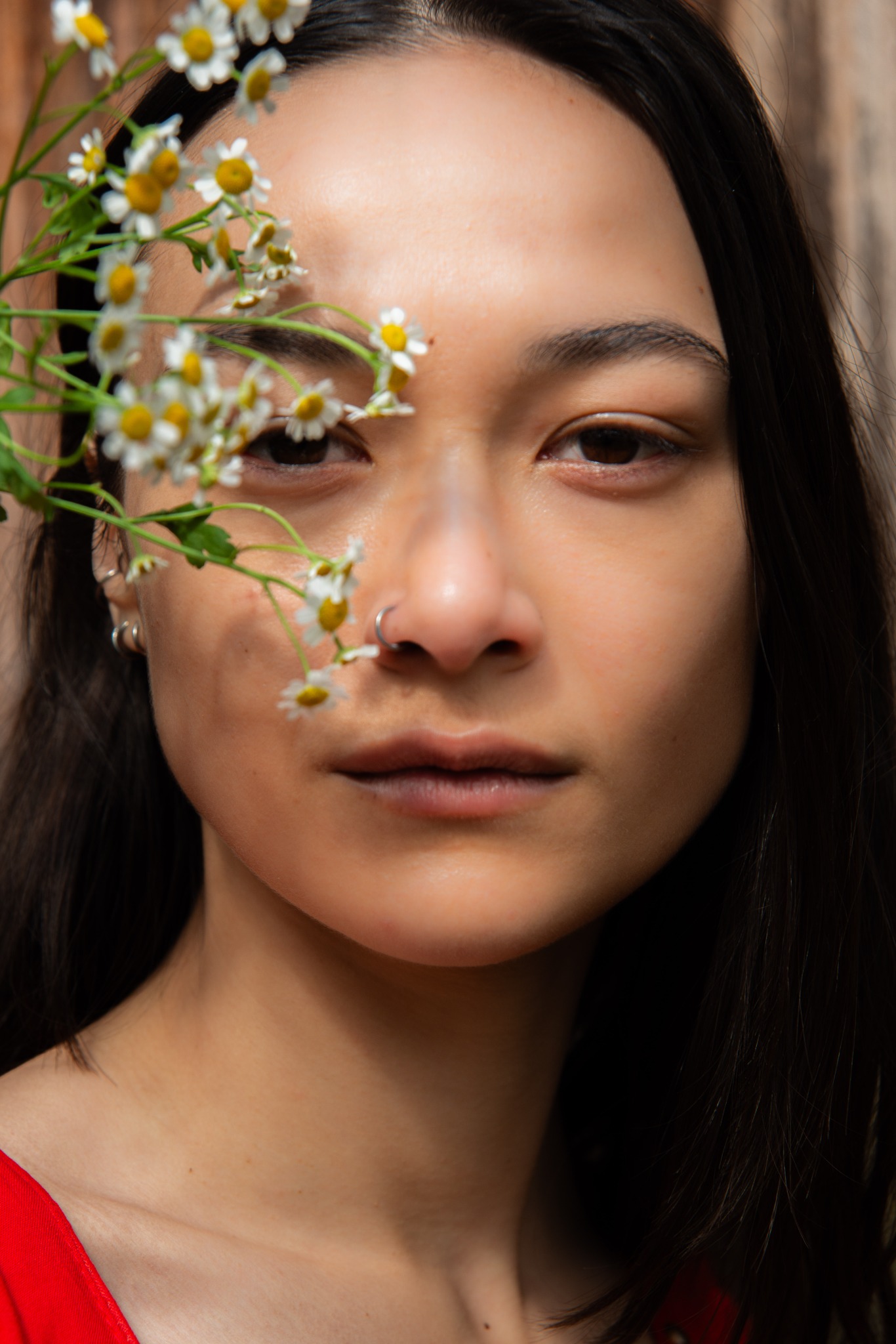 Close beauty portrait with delicate flowers